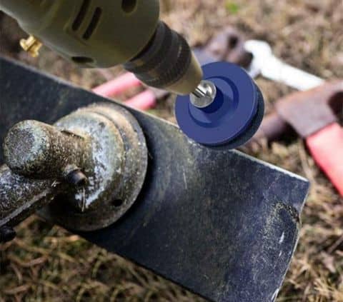 How to sharpen your mower blade using a blade sharpening tool in a drill.