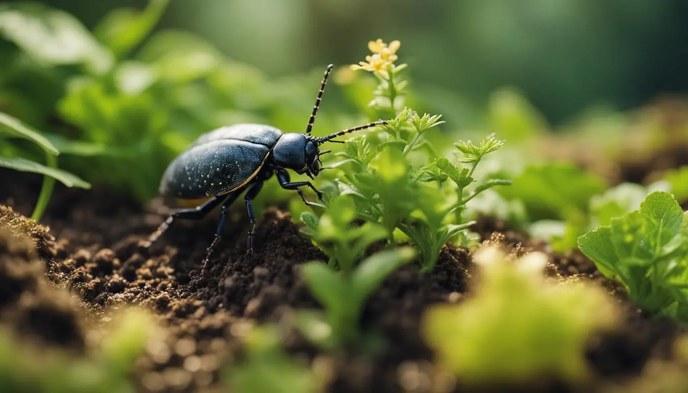 Scene: a garden with diverse plant species. Predatory insects like ground beetles and birds are seen actively hunting and feeding on slugs, while beneficial nematodes and fungi work to control slug populations in the soil
