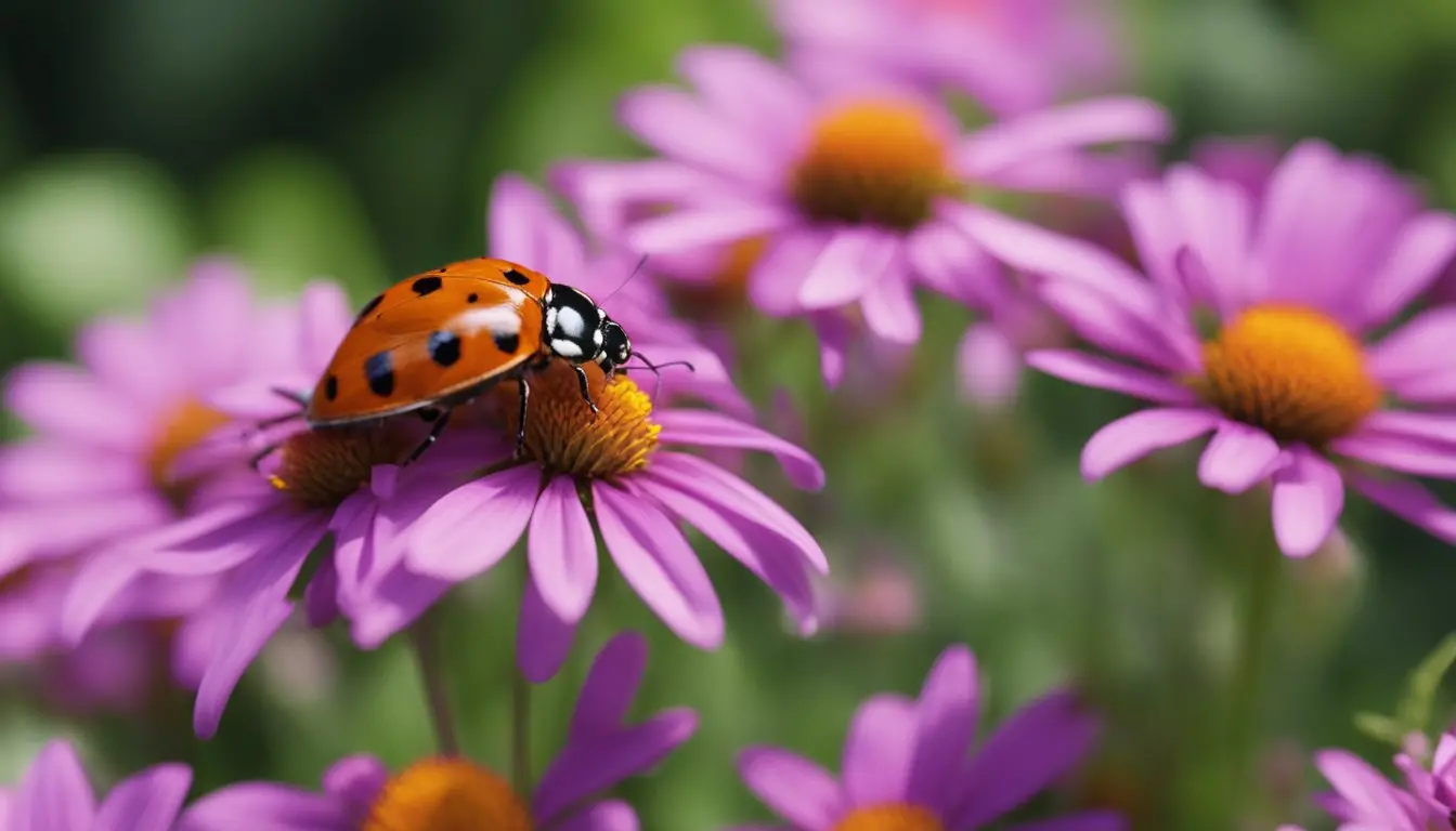 A garden teeming with diverse predators preying on caterpillars, such as ladybugs, lacewings, and birds, amidst lush plants and flowers