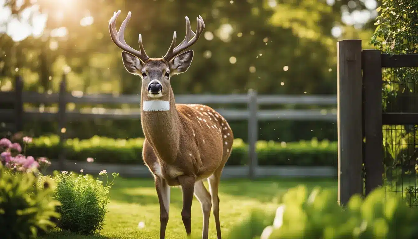 A deer cautiously approaches a garden, ears perked. A fence surrounds the garden, with motion-activated sprinklers and natural deterrent plants