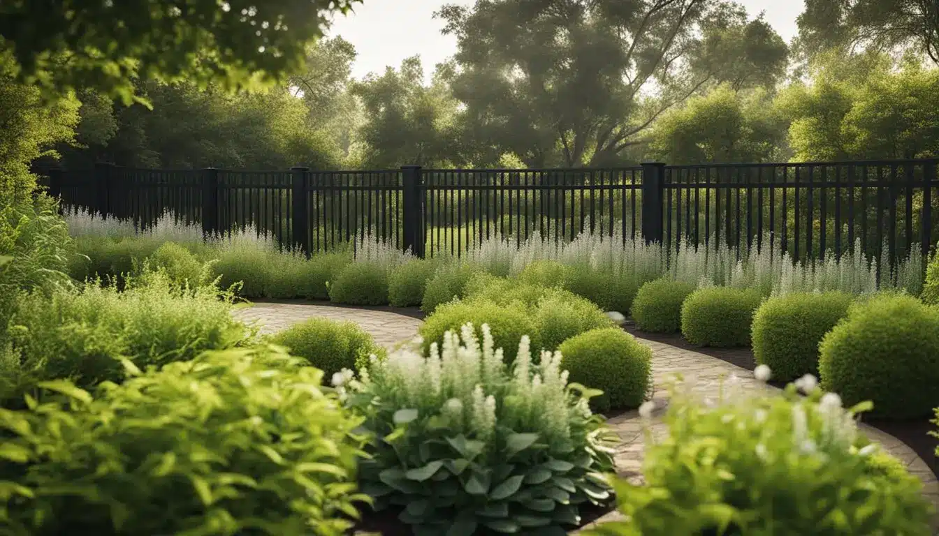 Lush garden with tall fences, motion-activated sprinklers, and strategically placed plants to deter deer