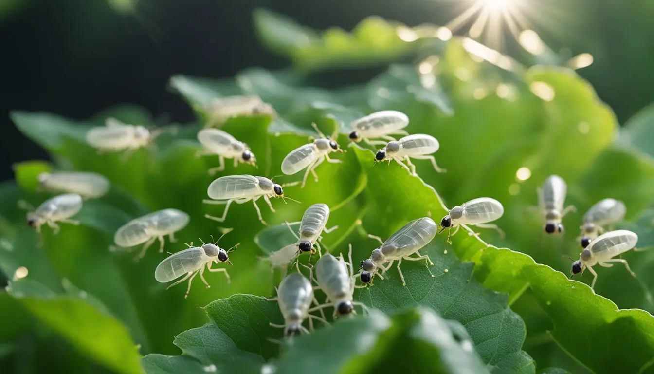 Whiteflies swarm around a cluster of green leaves, feeding on the sap and leaving behind a sticky residue. Ladybugs and lacewings hover nearby, ready to prey on the whiteflies