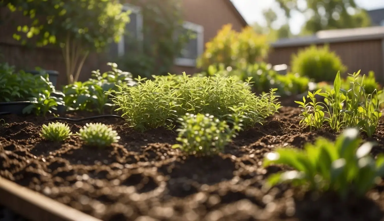 A variety of hardy, pest-resistant plants fill a low-maintenance garden. Mulch blankets the ground, and a small irrigation system keeps the soil moist