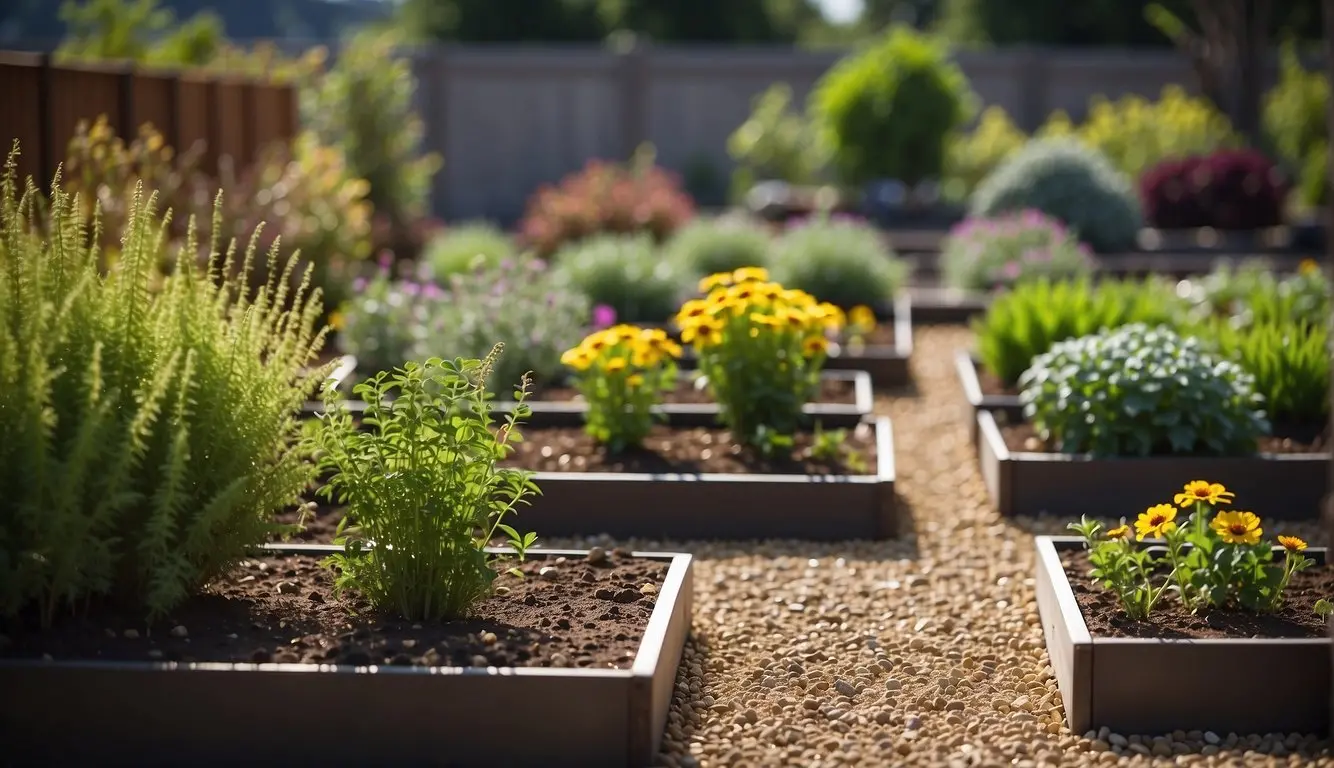 A modern garden with raised beds, gravel pathways, and native plantings. Drip irrigation and mulch help minimize maintenance. Insect-repelling plants are strategically placed throughout the garden