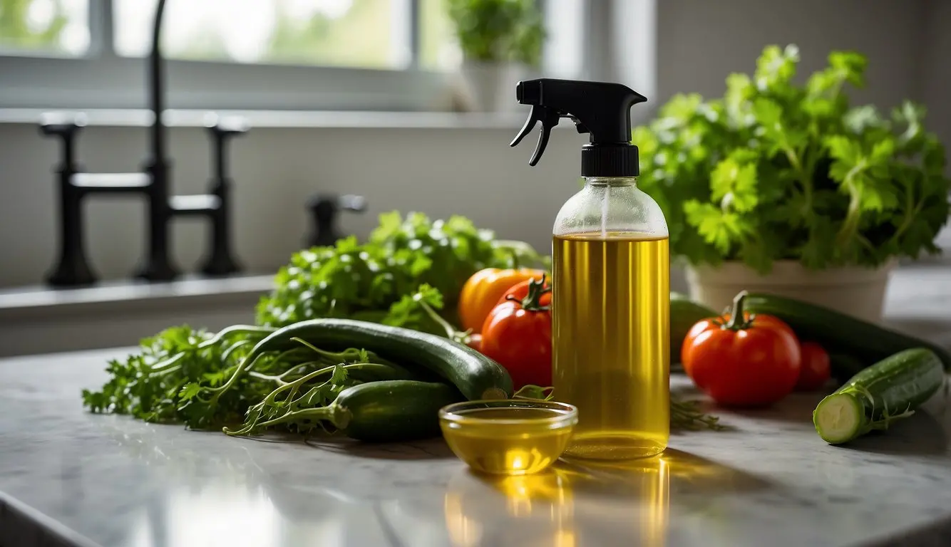 Vegetables sprayed with neem oil sit on a kitchen counter, surrounded by a bottle of neem oil and a sprayer. The vegetables appear fresh and vibrant, with no signs of pests or damage