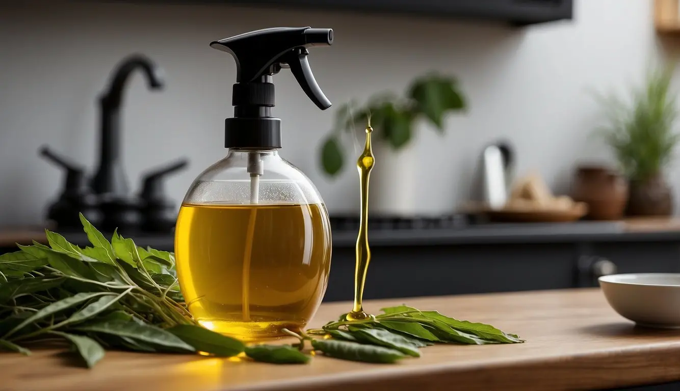 A bowl of neem oil-treated vegetables sits on a kitchen counter. A sprayer and neem oil bottle are nearby
