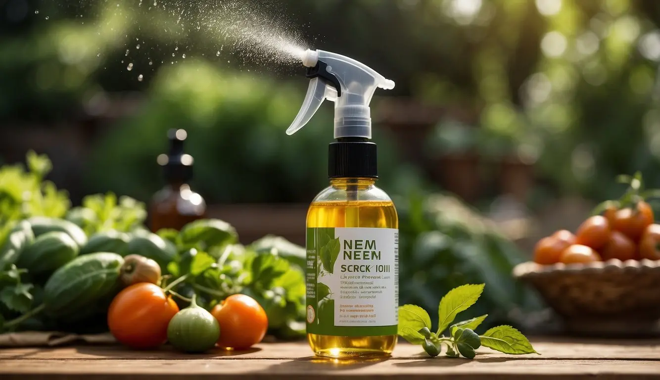 Neem oil being sprayed on a variety of vegetables in a garden setting with clear application instructions displayed nearby