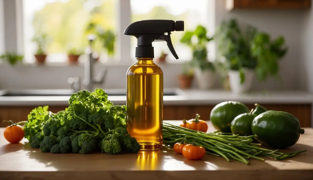 Vegetables sprayed with neem oil sit on a kitchen counter. A bottle of neem oil and a sprayer are nearby. The vegetables appear fresh and untouched