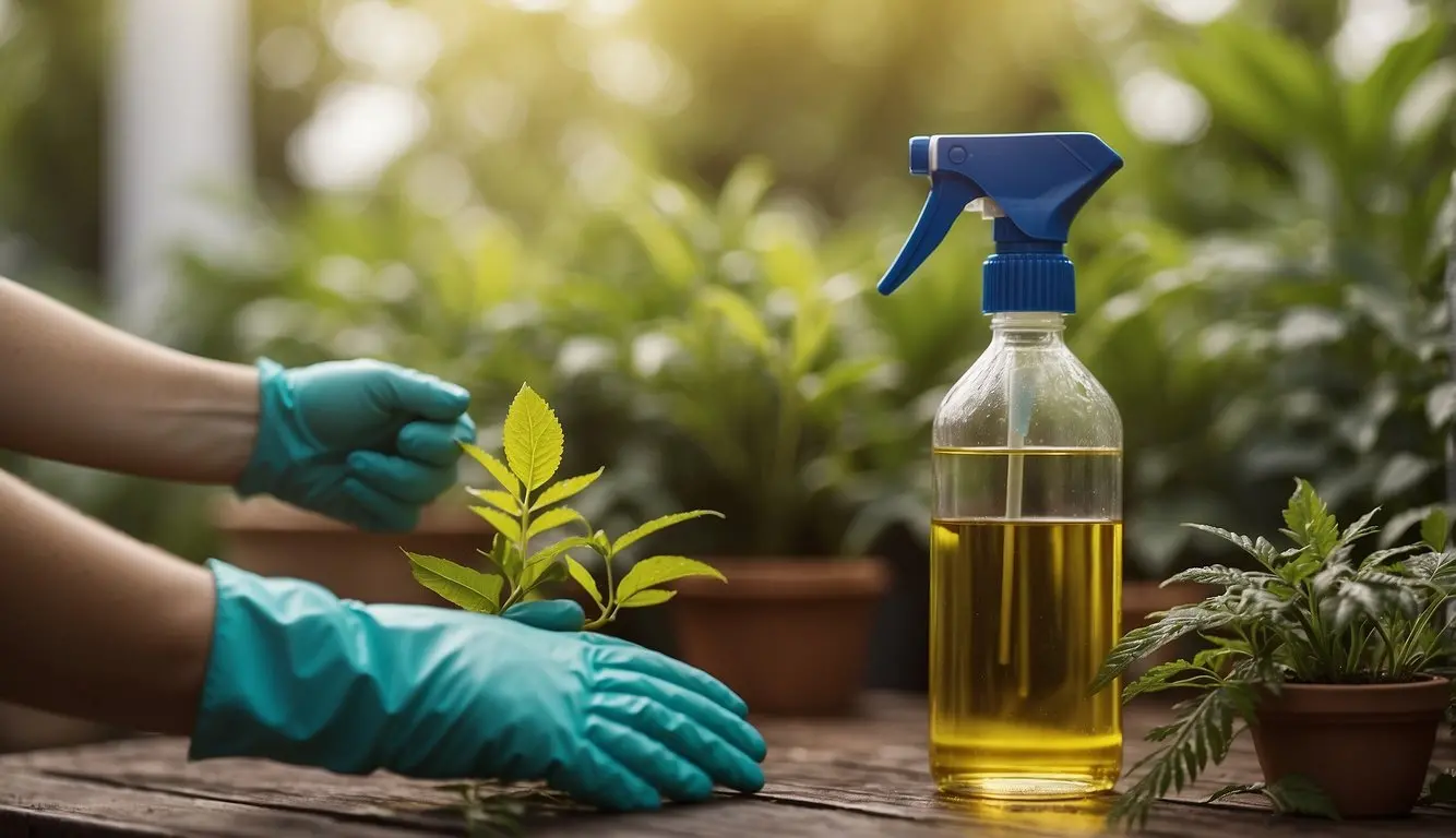 A person mixing neem oil with water in a spray bottle, wearing gloves and protective clothing. A garden with plants infested with pests in the background