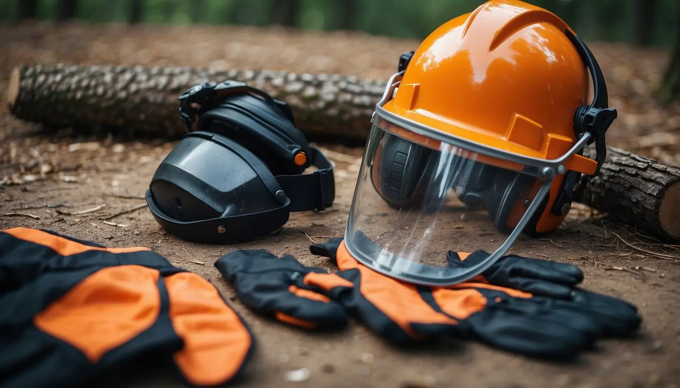 A chainsaw safety gear set laid out on a clean, well-lit surface, including a helmet, face shield, ear protection, gloves, chaps, and sturdy boots