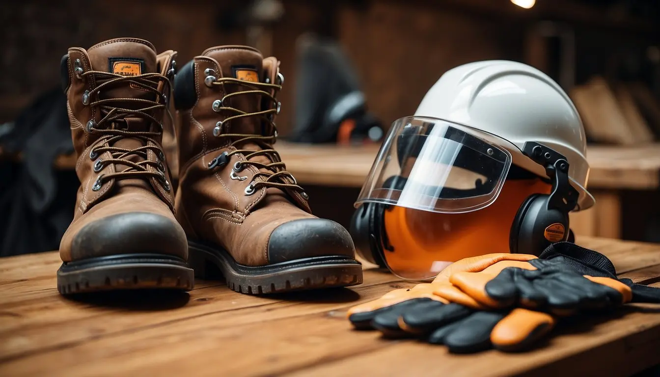 A pair of sturdy work boots, chainsaw chaps, gloves, helmet with face shield, and ear protection laid out on a wooden table