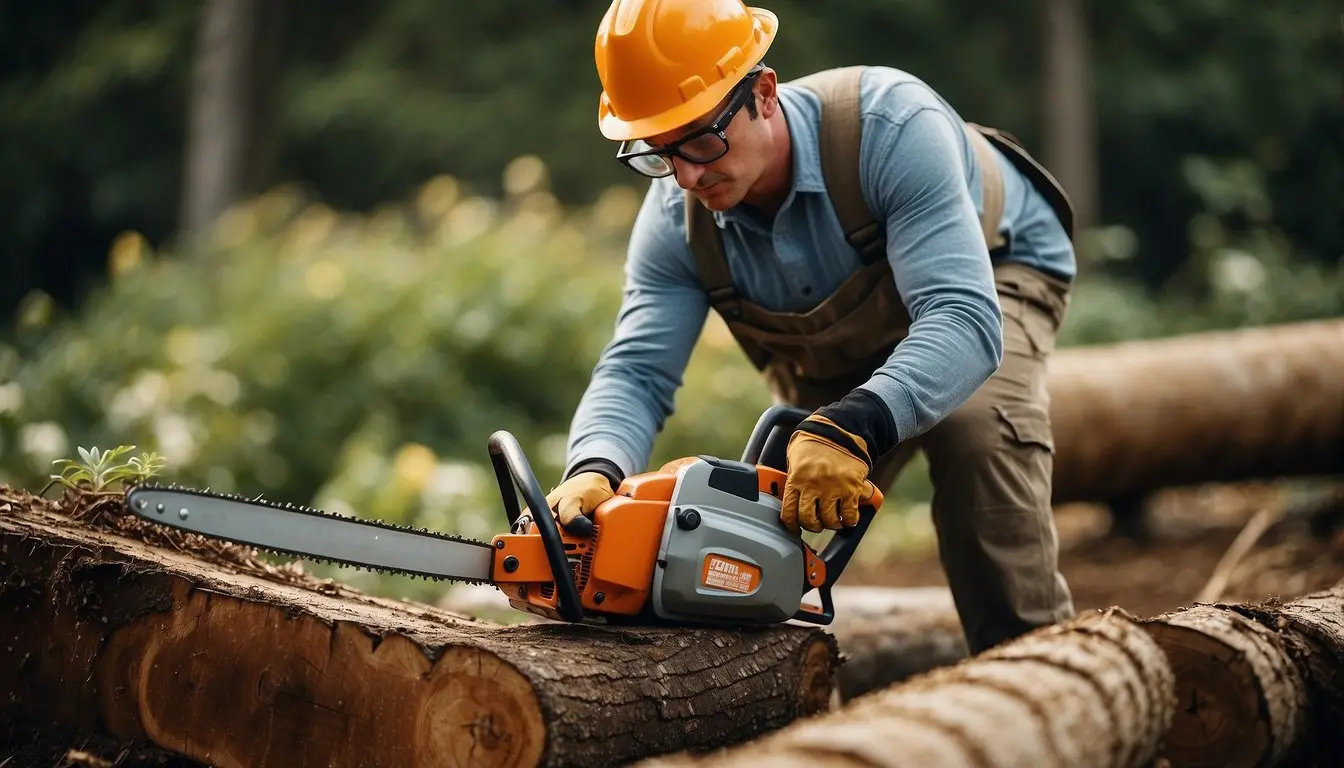 A gardener wearing safety gear, including a helmet, goggles, gloves, and sturdy boots, while operating a chainsaw in a well-lit outdoor setting