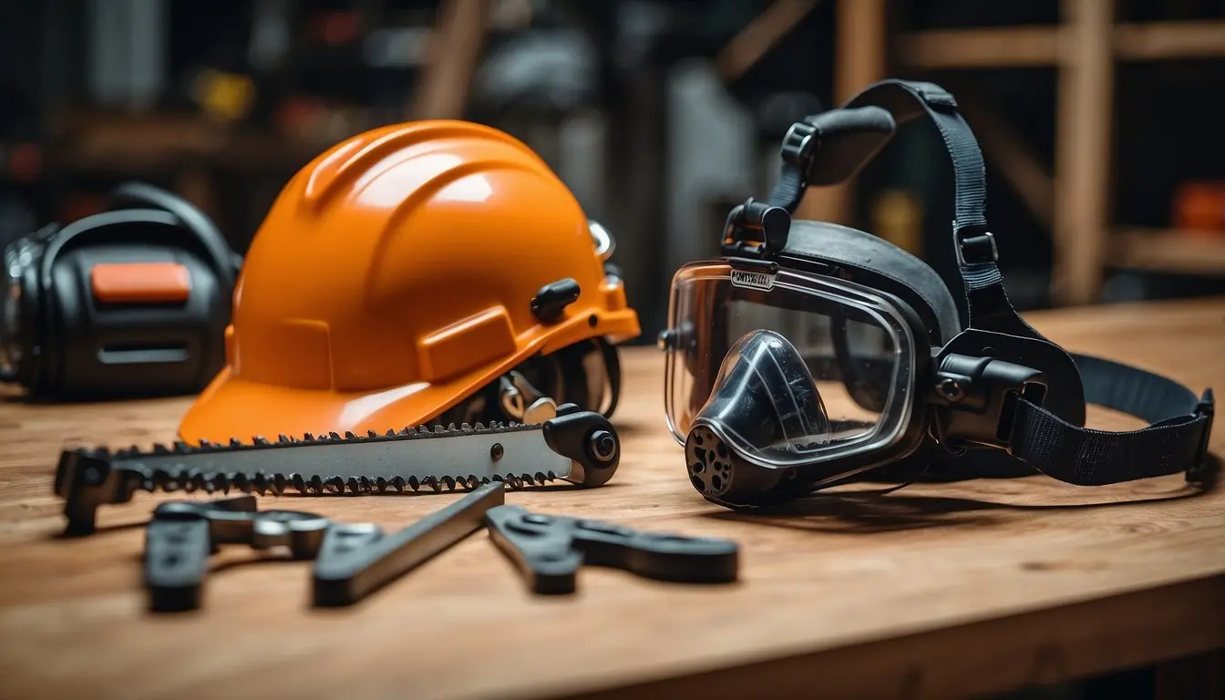 A chainsaw safety gear laid out on a workbench with gloves, helmet, ear protection, and safety goggles. Chainsaw and maintenance tools in the background