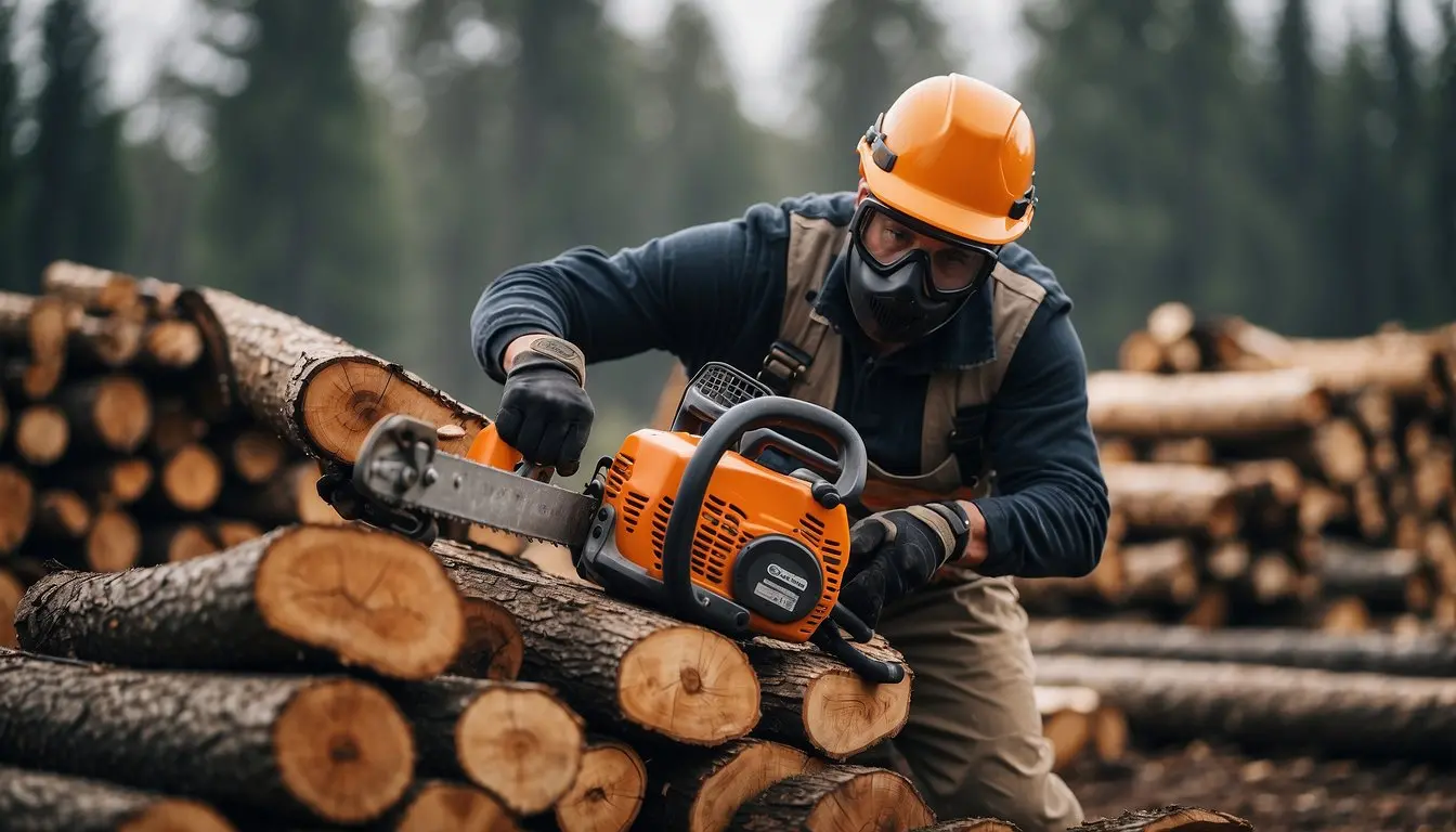 A person wearing protective gear uses a chainsaw near a pile of logs, with safety equipment such as gloves, goggles, and a helmet nearby
