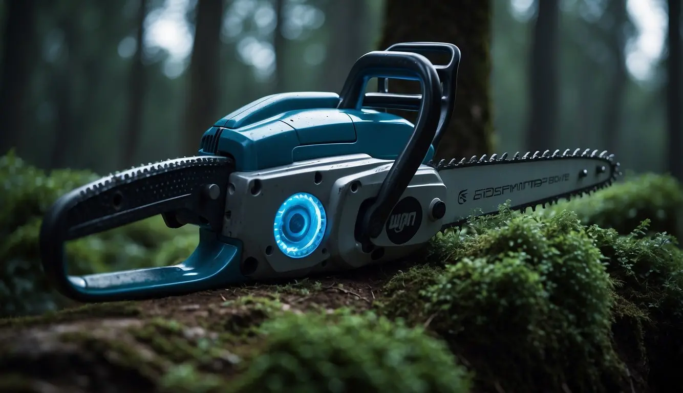 A futuristic chainsaw with sleek, metallic design, emitting a soft blue glow, cutting effortlessly through dense, alien-like foliage