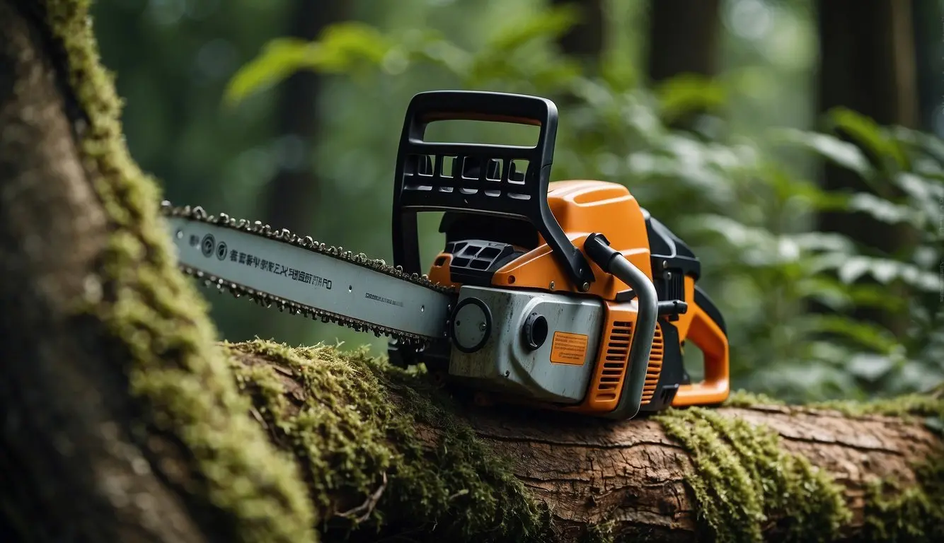 A futuristic chainsaw effortlessly cuts through a tree with minimal noise and emissions, while surrounded by lush greenery and wildlife