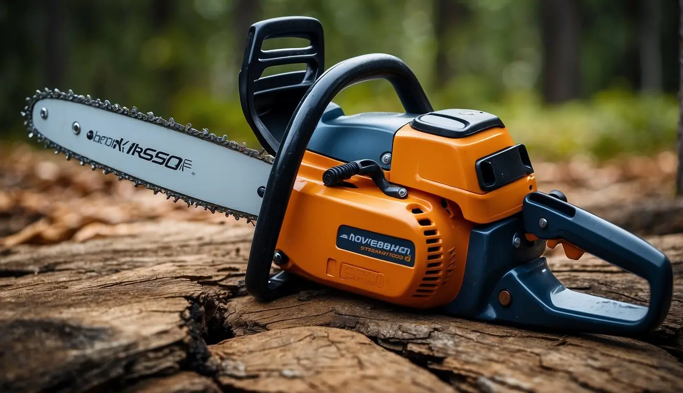 A sleek, modern chainsaw with streamlined curves and comfortable grip. Advanced features like automatic tensioning and noise reduction
