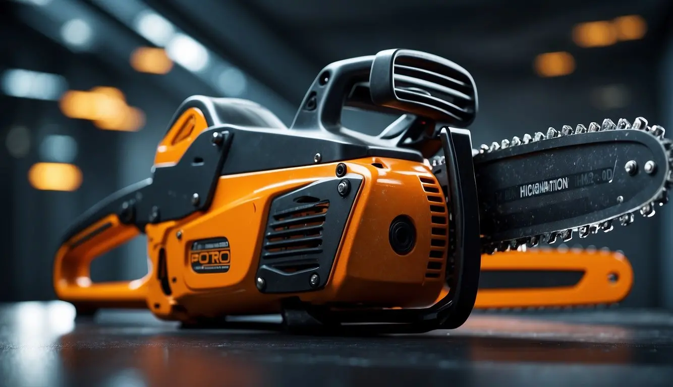 A futuristic chainsaw seamlessly integrates with smart technology, displaying advanced features and sleek design