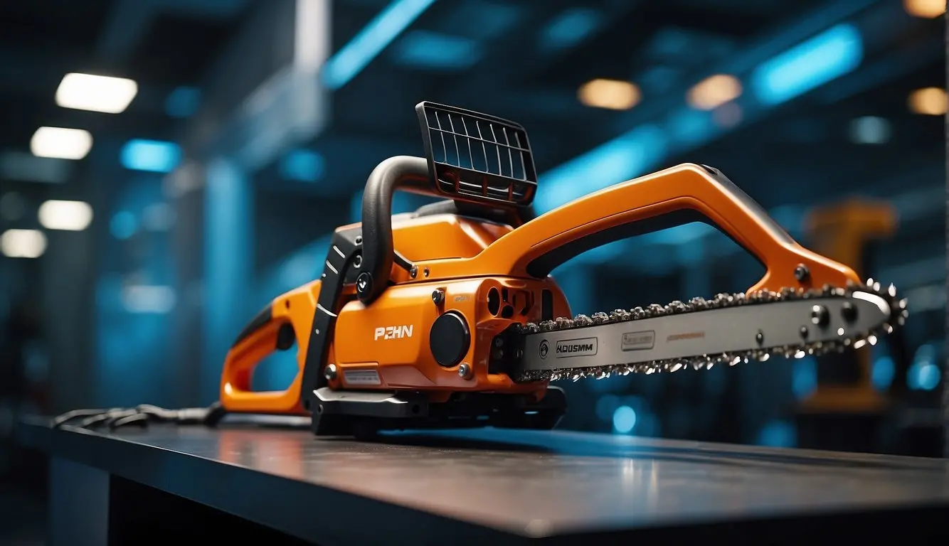 A futuristic chainsaw hovers above a sleek, metallic workbench, surrounded by holographic displays of cutting-edge technology and innovative designs