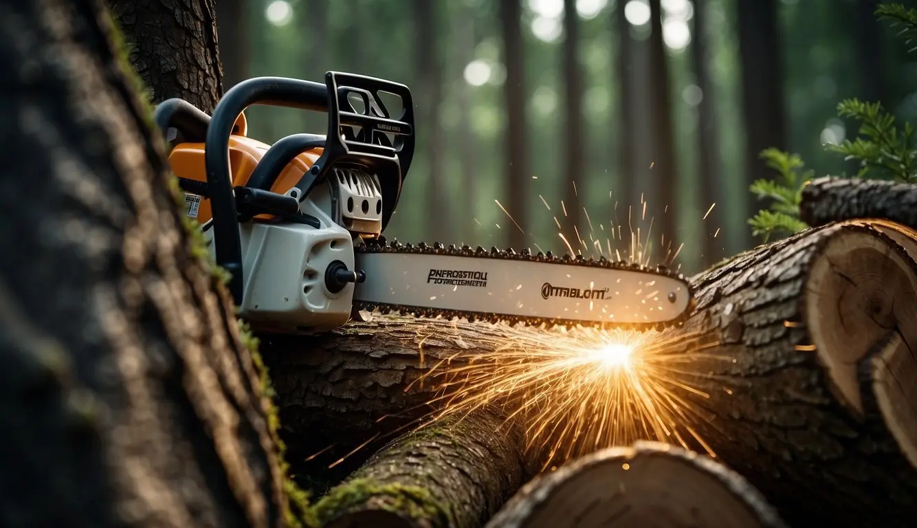 A chainsaw effortlessly slices through a dense tree trunk. Advanced technology improves cutting precision and speed