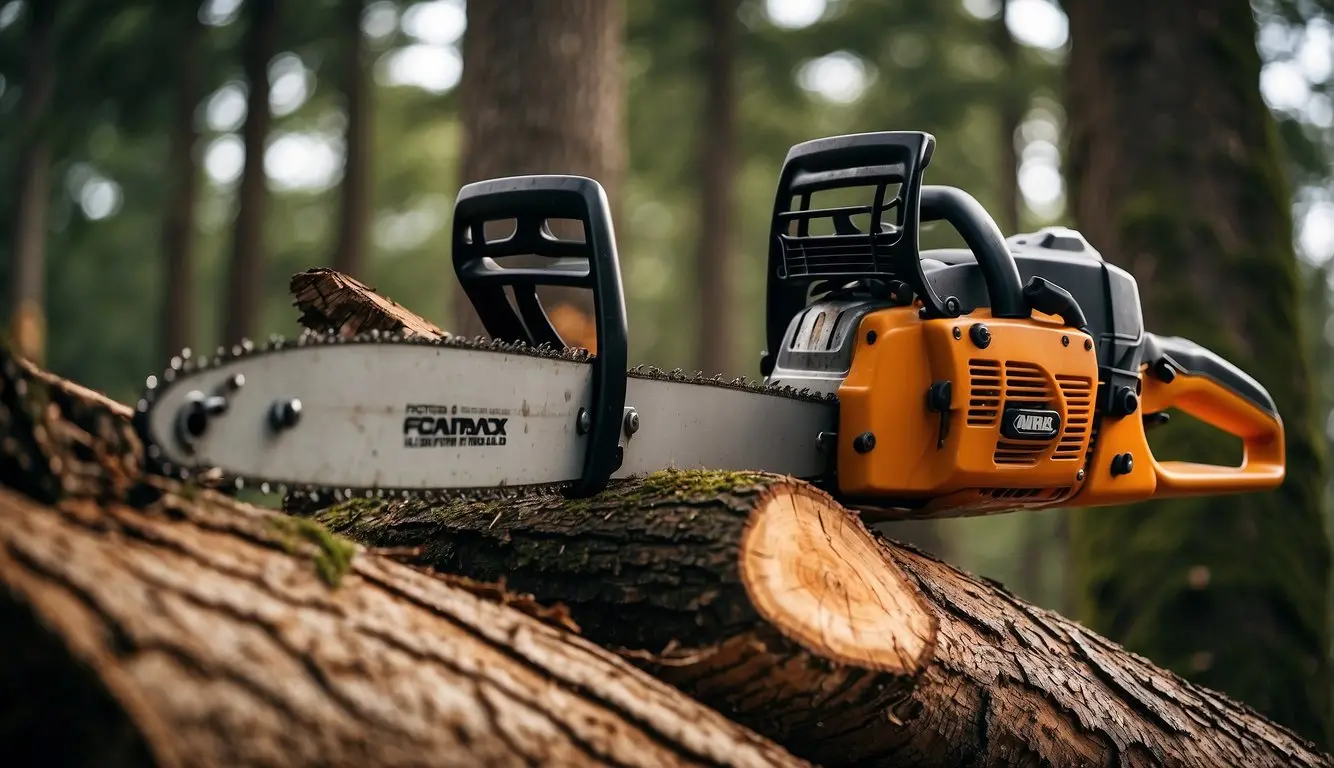 A sturdy chainsaw slicing effortlessly through thick tree trunks, showcasing its durability and reliability in a rugged outdoor setting