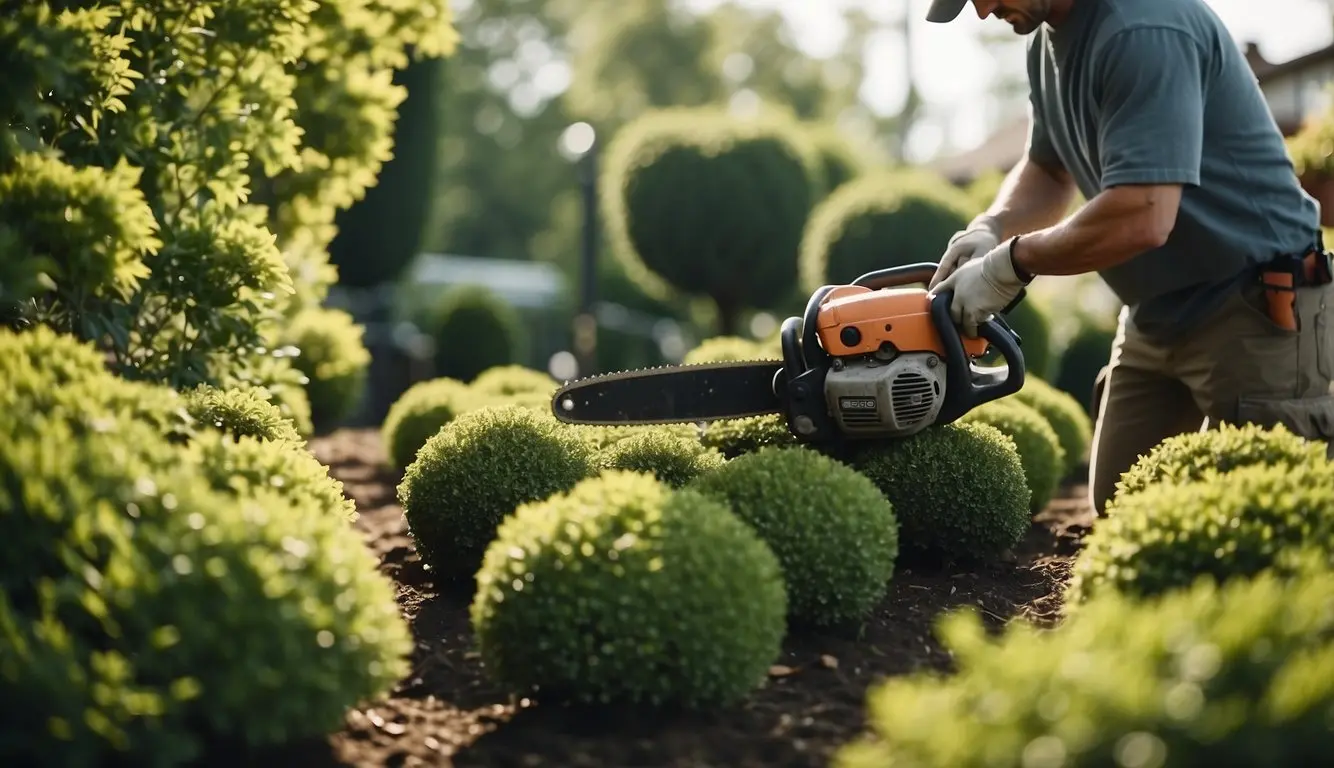 A small garden with a variety of shrubs and trees being pruned with a chainsaw. The gardener is carefully shaping the plants to maintain their health and aesthetics