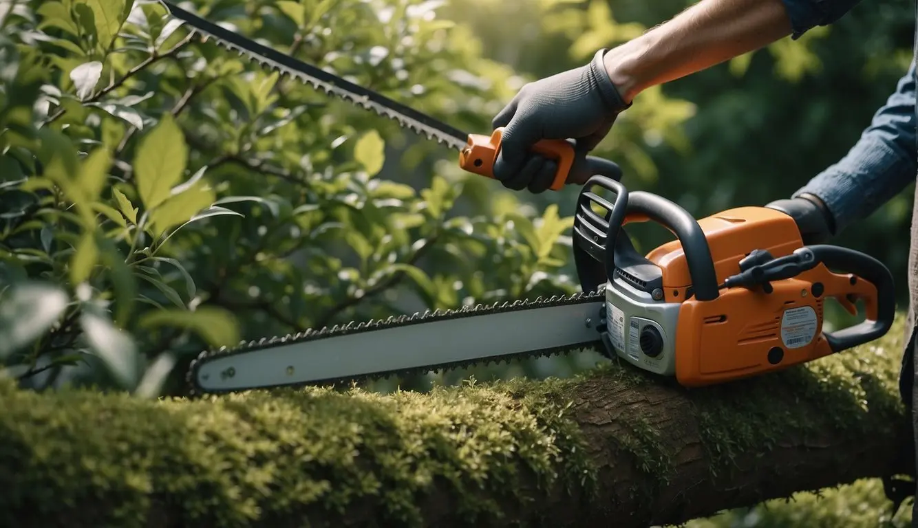 A chainsaw cuts through overgrown tree branches in a small garden. The pruner carefully trims the foliage with precision and skill