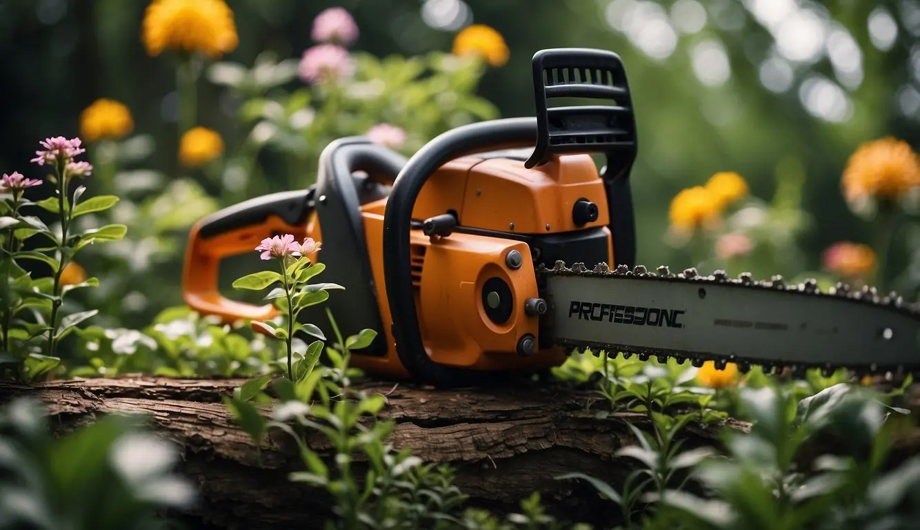 A small garden with a chainsaw pruning a tree, surrounded by various plants and flowers. The chainsaw is being used with precision and care