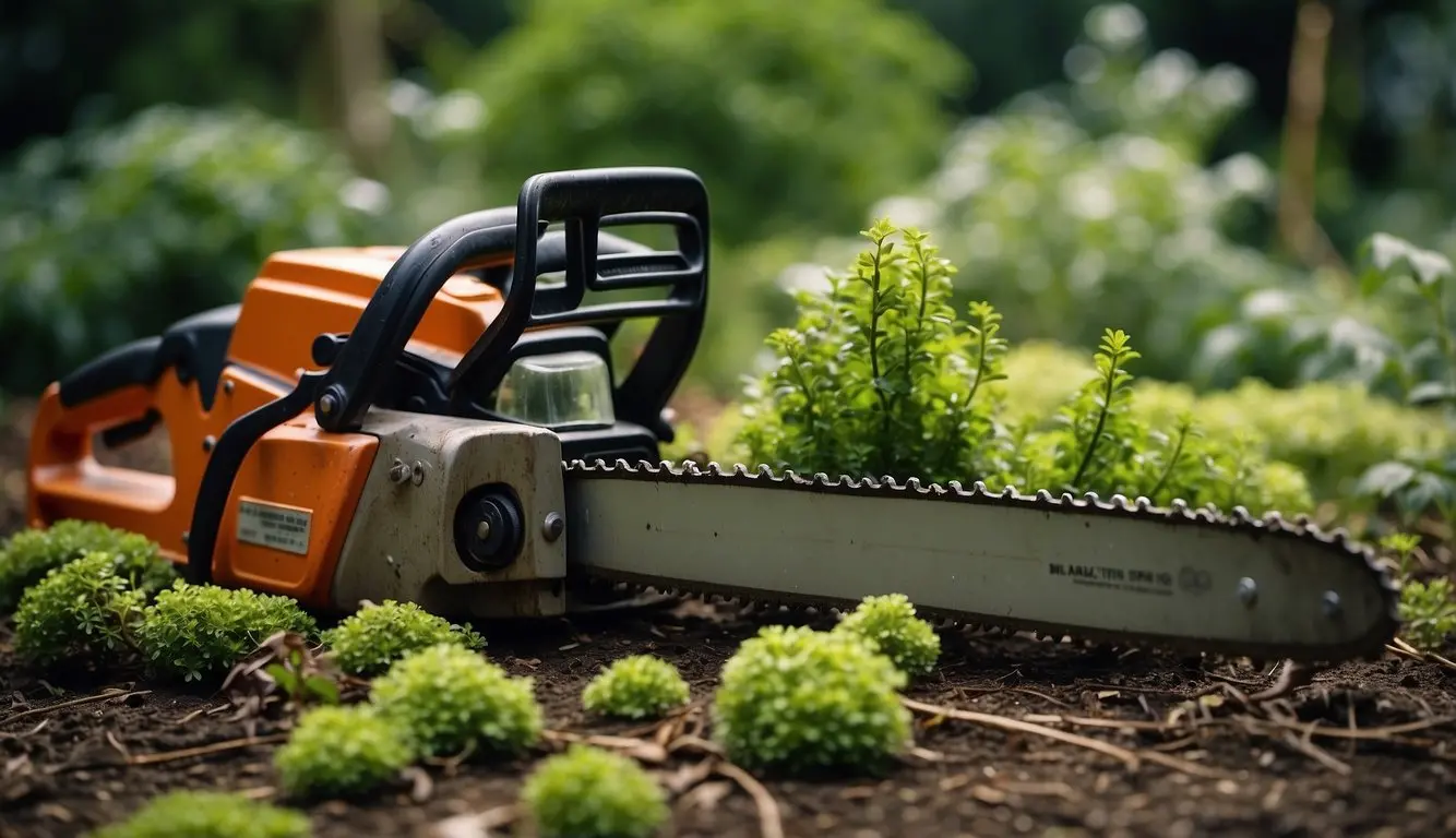 A chainsaw rests on the ground, surrounded by small garden plants. A branch lies nearby, showing signs of improper pruning. The chainsaw's manual is open, depicting troubleshooting steps