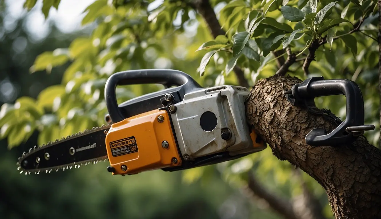 A tree being pruned with a chainsaw for health and aesthetics in a small garden