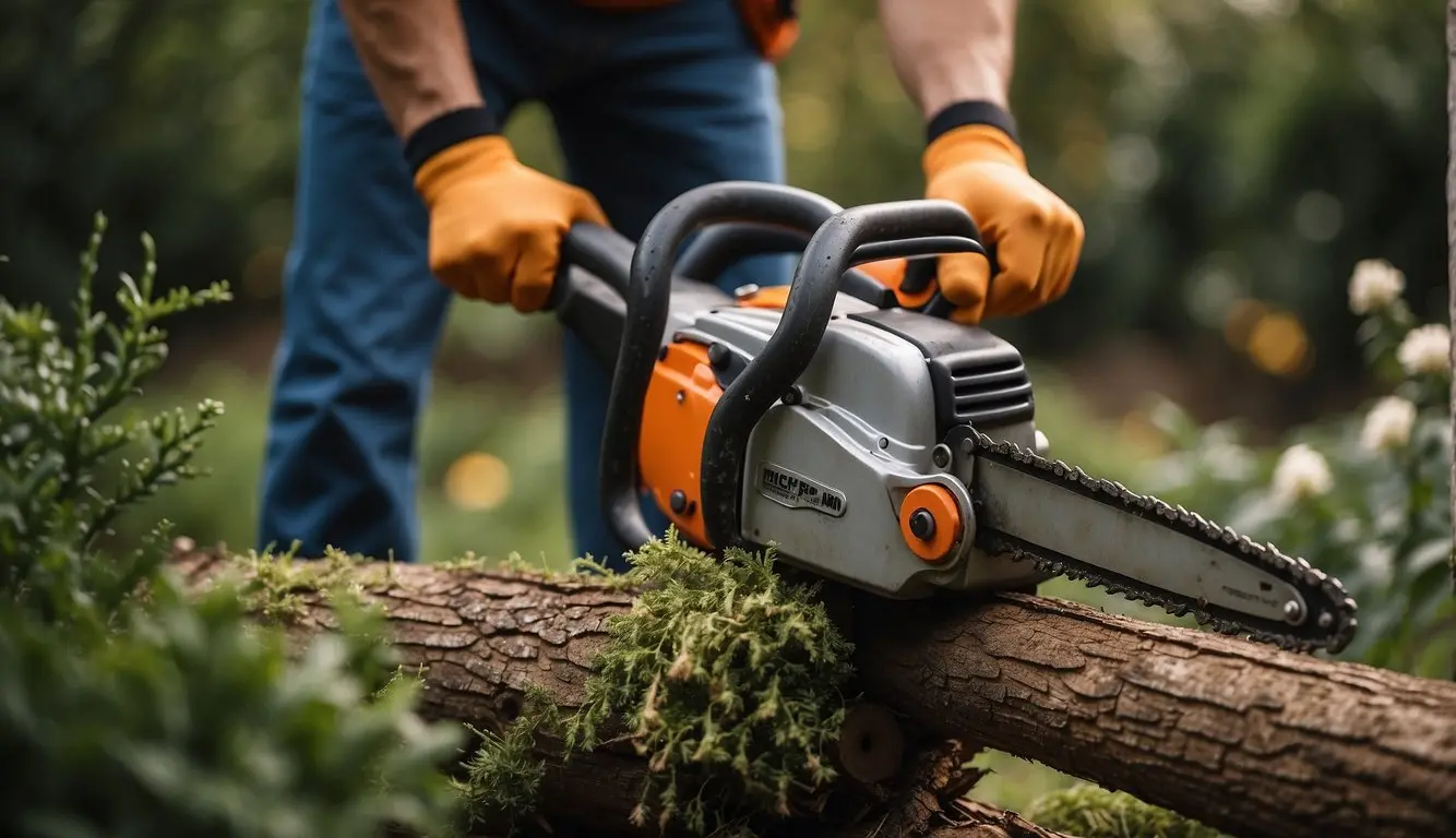 A person selects a chainsaw for small garden pruning, examining different chain types and sizes