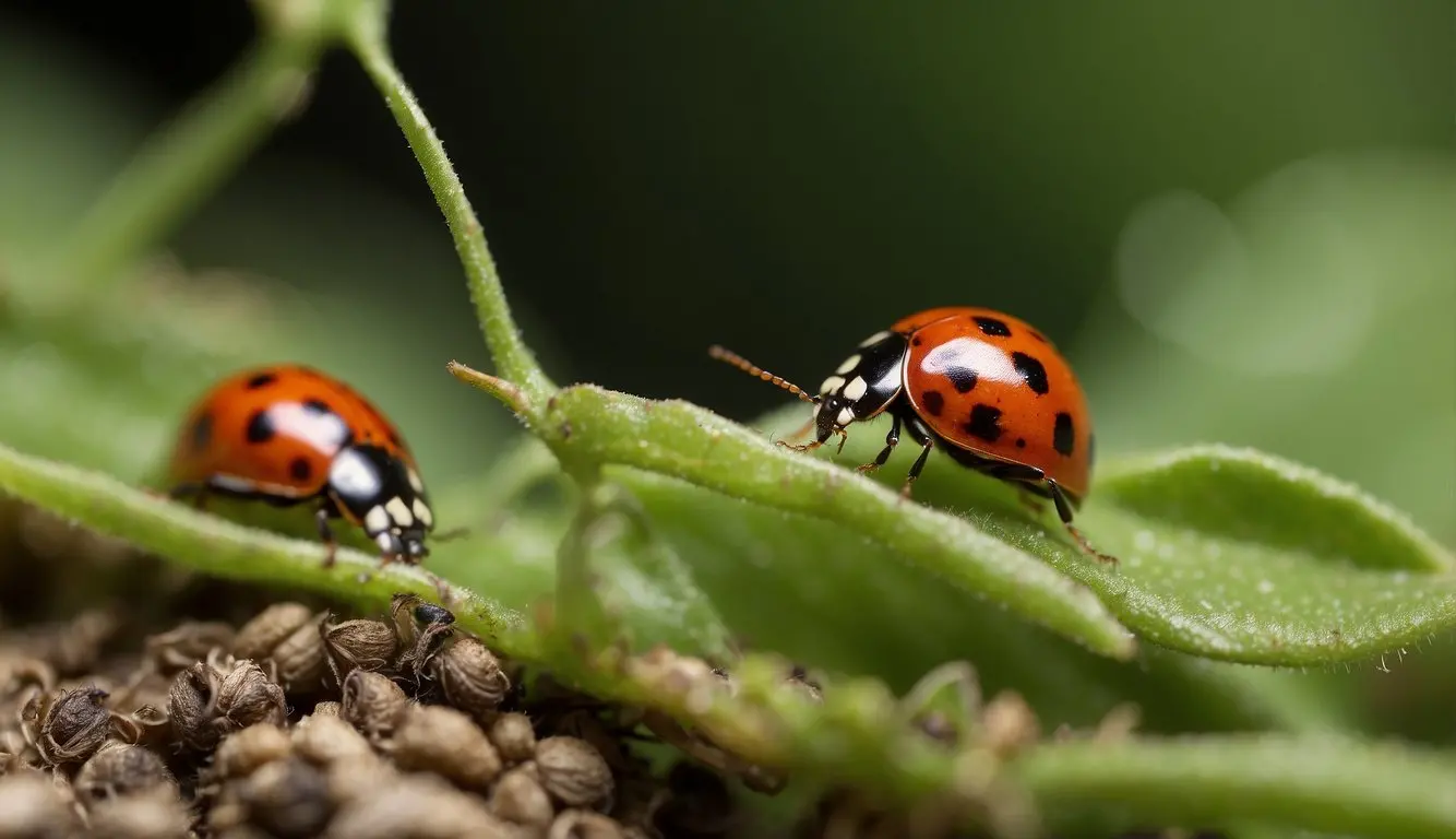 A garden scene with ladybugs and praying mantises feeding on aphids and caterpillars, while nematodes attack root pests underground