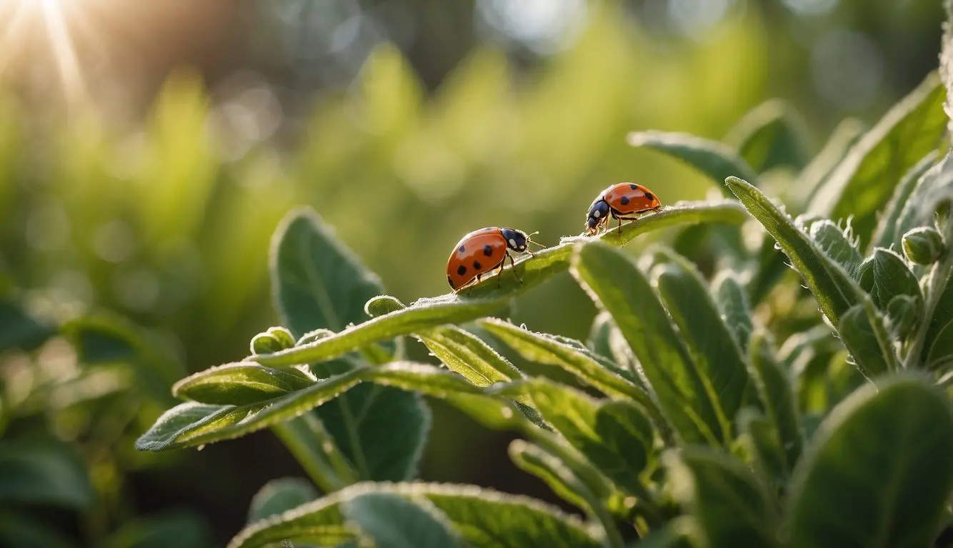 A garden with healthy plants and no signs of pests, surrounded by natural predators like ladybugs and lacewings. No chemical pesticides in sight