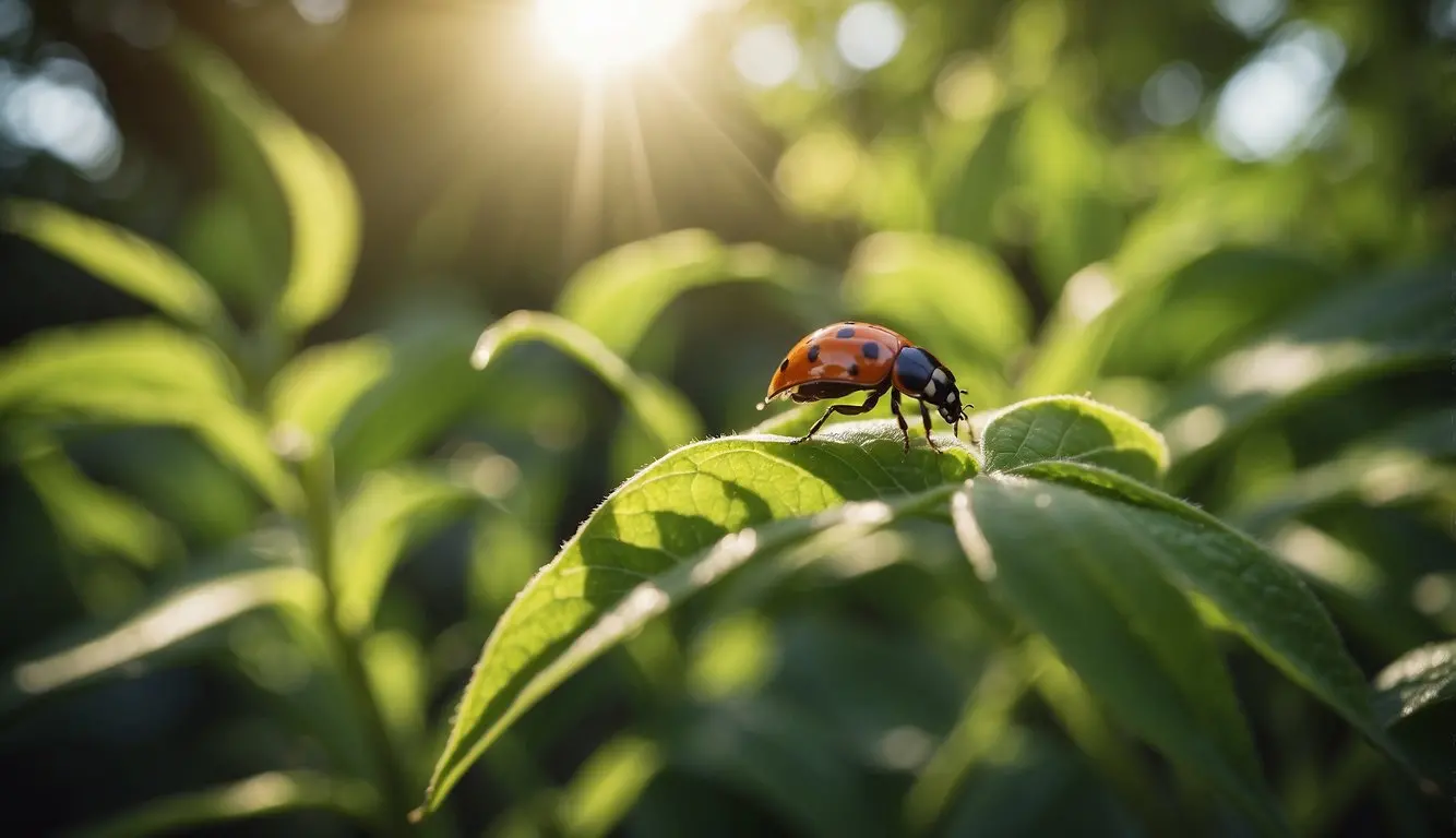 A lush garden with diverse plant species, showing signs of pest infestation. Natural predators like ladybugs and praying mantises are present, actively feeding on the pests