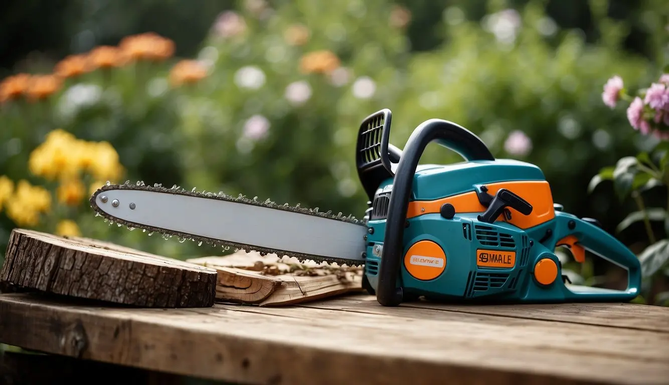 Chainsaws and traditional gardening tools are laid out on a wooden table in a rustic garden setting. The chainsaw is powerful but noisy, while the traditional tools are quieter but require more physical effort