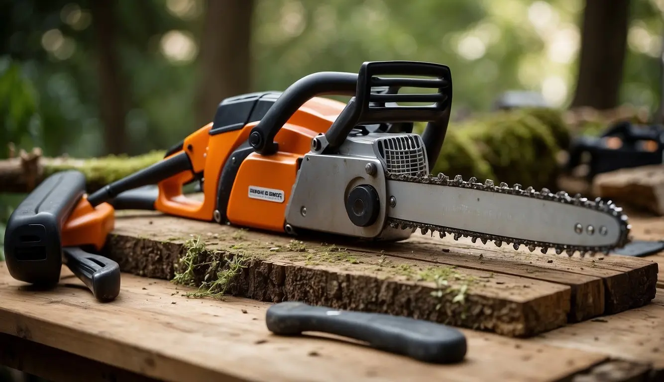 A chainsaw and traditional gardening tools are laid out on a workbench. The chainsaw is powerful but noisy, while traditional tools are quieter but require more physical effort