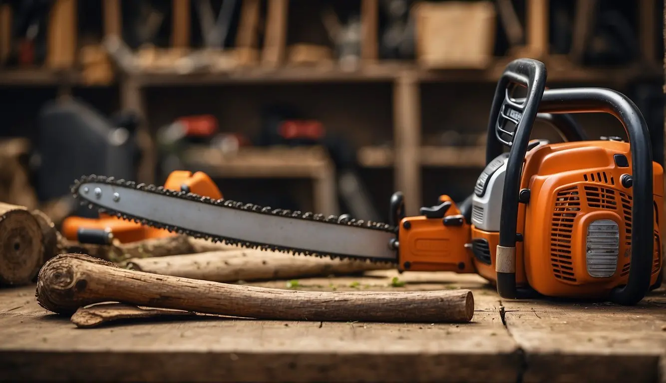 A chainsaw and traditional gardening tools lay side by side on a workbench. The chainsaw is powerful but requires caution, while the traditional tools offer precision and control