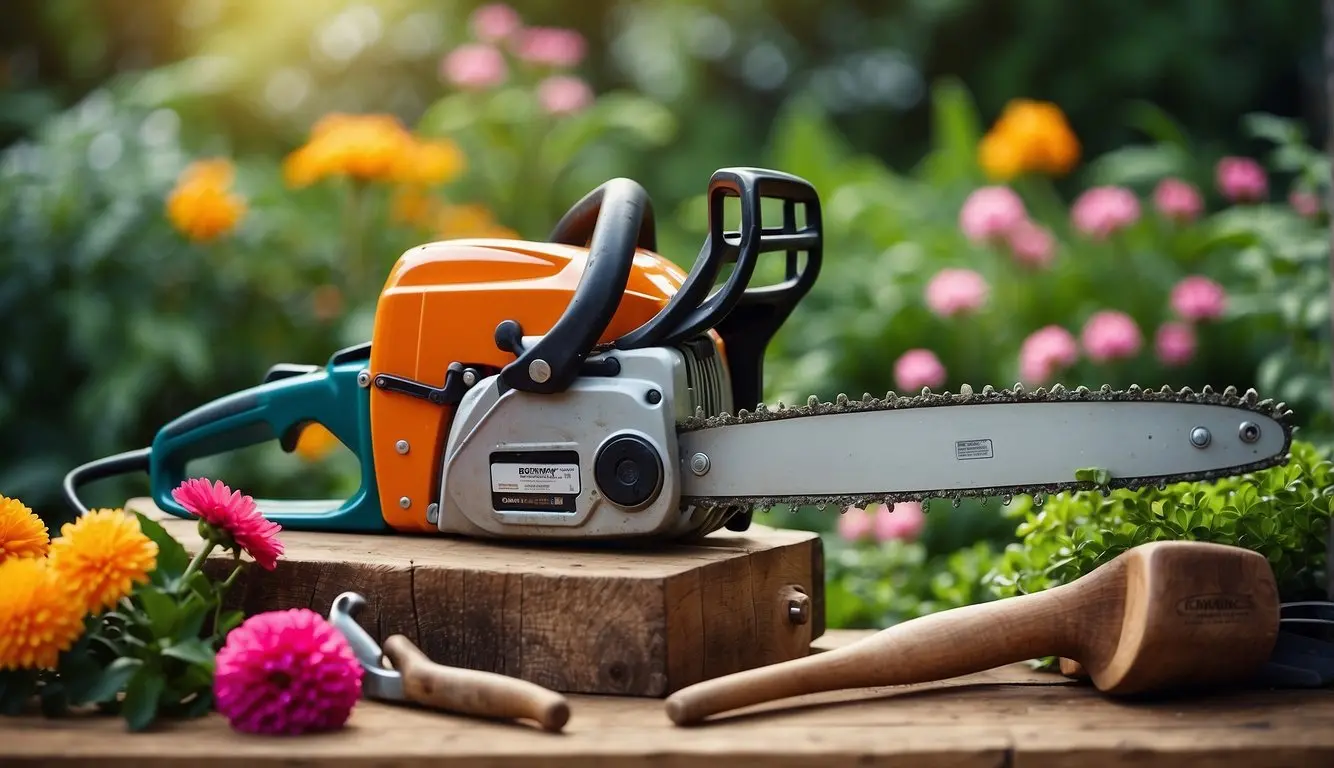 A chainsaw and traditional gardening tools sit side by side on a wooden workbench, surrounded by lush green plants and colorful flowers