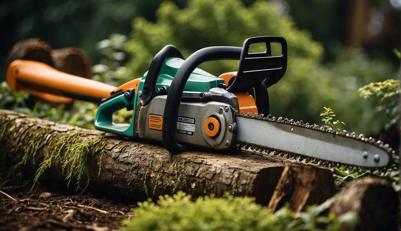 A chainsaw and traditional gardening tools are shown side by side, with pros and cons listed around them. The chainsaw is depicted as powerful but noisy, while traditional tools are shown as quieter but requiring more physical effort