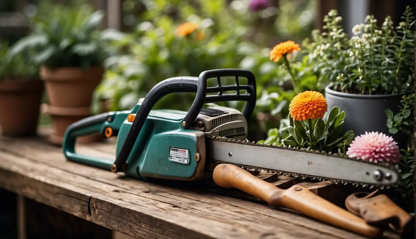 A chainsaw and traditional gardening tools are laid out on a wooden workbench, surrounded by various plants and flowers. The chainsaw is larger and more industrial-looking, while the traditional tools are smaller and more rustic in appearance