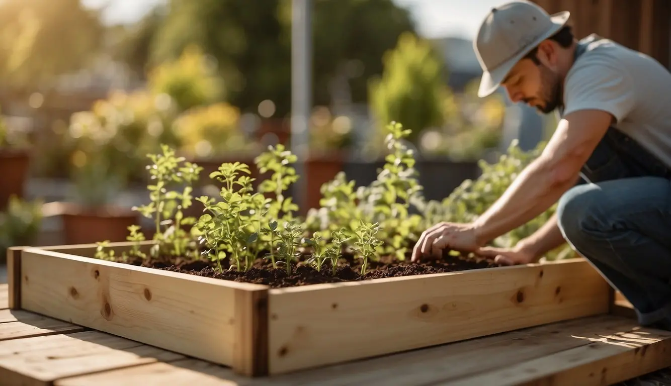 A person constructs a raised garden bed using wood, screws, and a level on a sunny day with birds chirping in the background