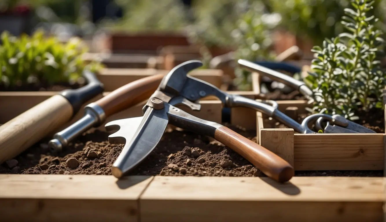 A variety of tools and hardware lay scattered around a wooden frame, as it is being constructed step by step into a perfect raised garden bed