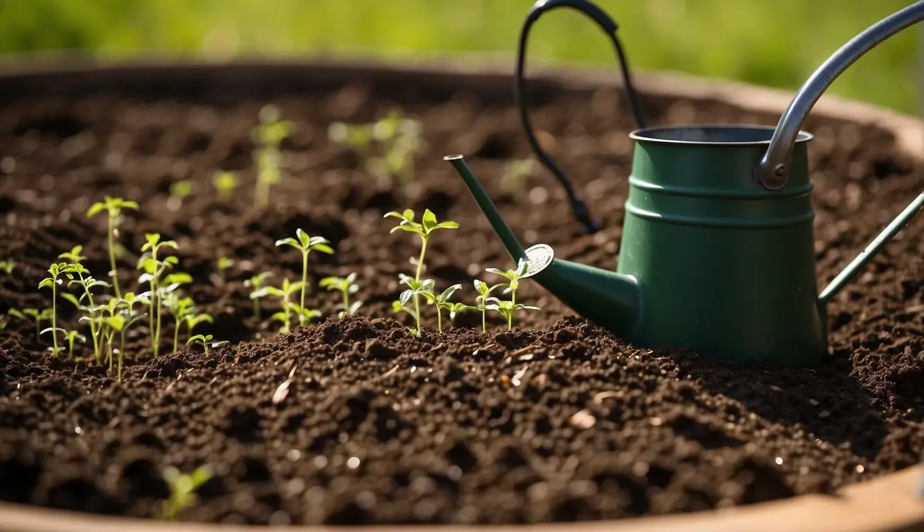 Rich soil is poured into a wooden frame. Seeds are carefully planted. A layer of mulch is spread. Water trickles from a watering can
