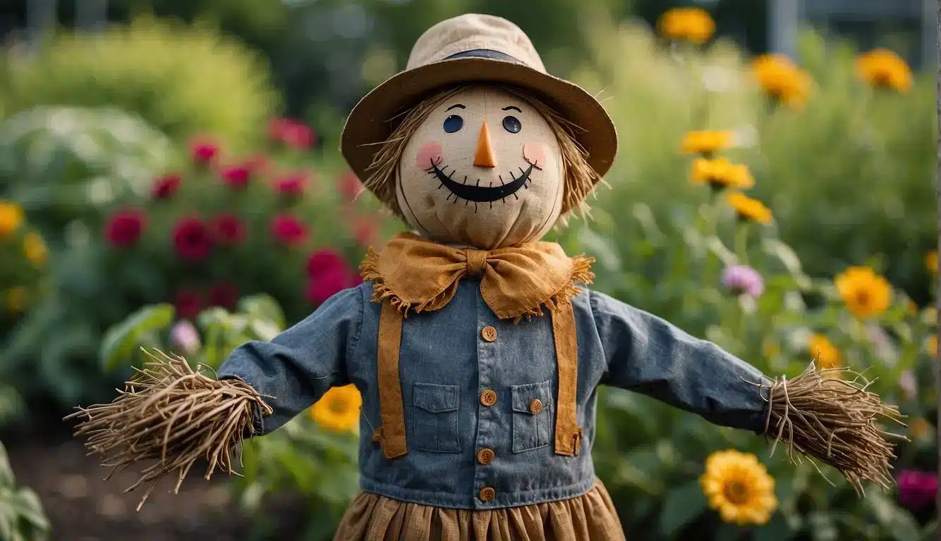 A scarecrow stands tall in the center of a lush garden, its outstretched arms and tattered clothes meant to deter rodents from feasting on the plants. Surrounding the scarecrow are small fences and wire mesh barriers to further protect the garden