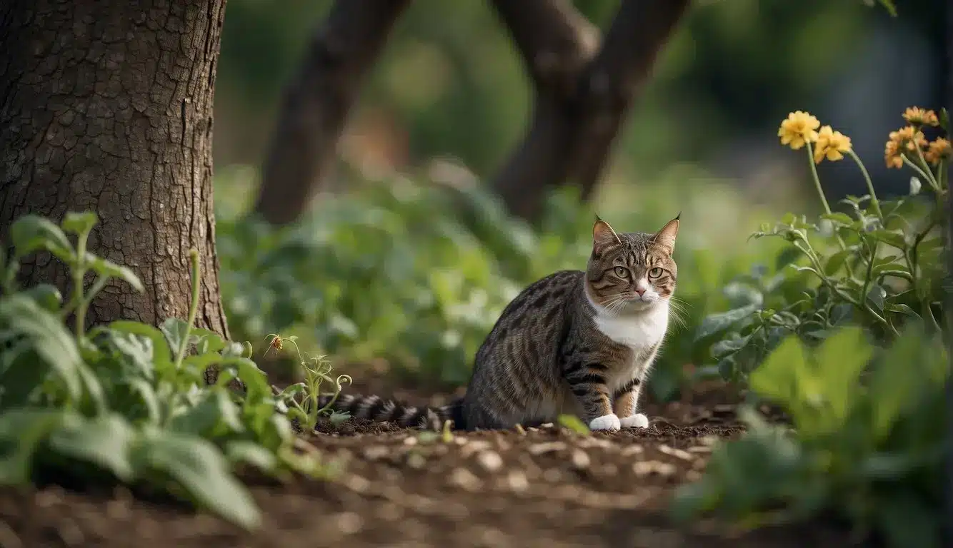 A cat stalking a mouse near a vegetable garden, while a snake slithers through the grass, and an owl perches in a nearby tree