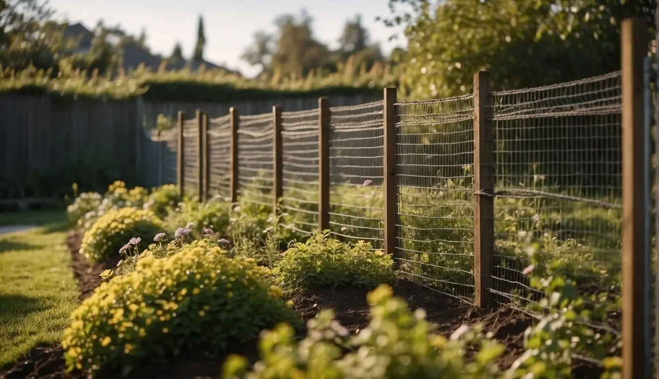 A garden surrounded by a sturdy fence with mesh to prevent rodent entry. Various deterrents such as traps and natural repellents are strategically placed around the perimeter